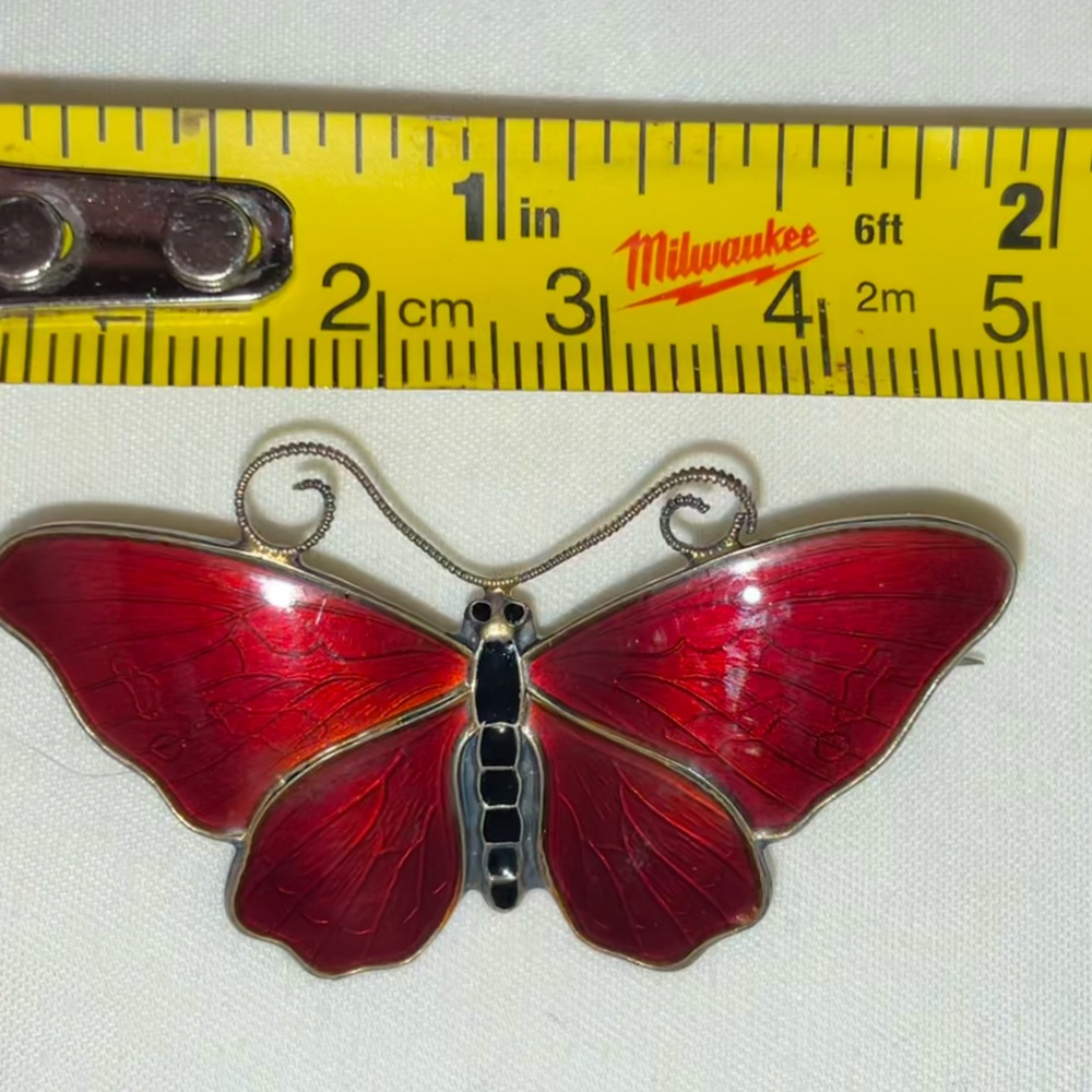 Vintage 925S Norwegian red enamel butterfly pin